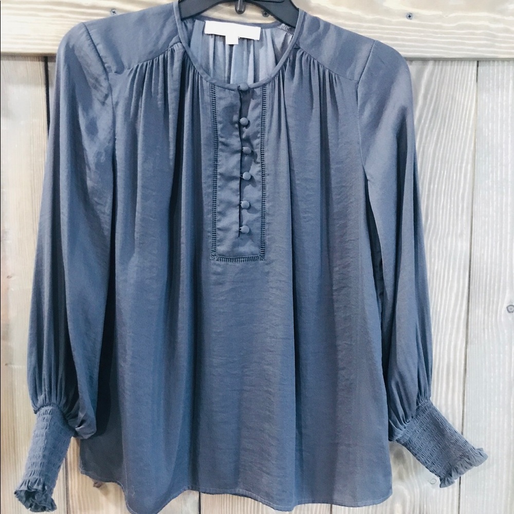 LOFT Satin Long Sleeve Ruffle Cuff Blouse